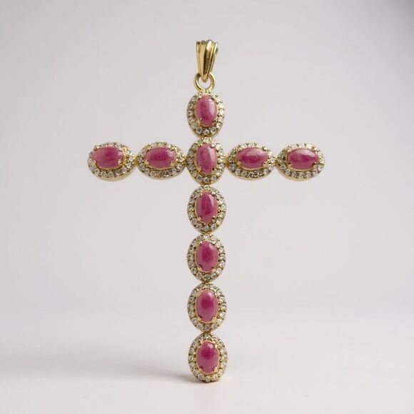 Radiant Devotion: 14k Gold Cross Necklace with Genuine Rubies & Sapphires - Picture 1 of 7